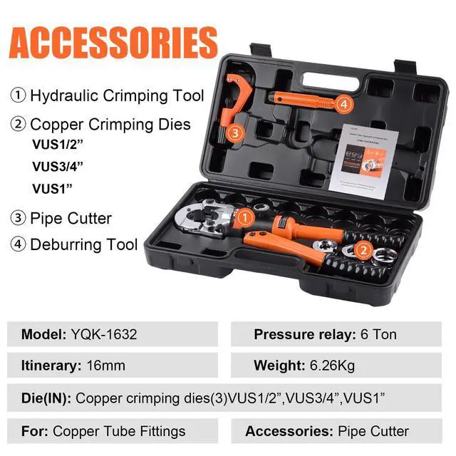 Alt view image 6 of 7 - Press Copper Pipe Crimper Tool Kit with 3 Dies (1/2" 3/4" 1") for Plumbing & Water Heating, Includes Copper Tube Cutter and Burr Tool
