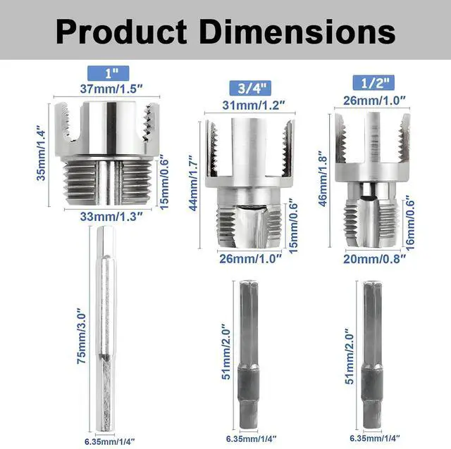 Alt view image 2 of 7 - 3Pcs PVC Pipe Threader Kit, 1/2" 3/4" 1" Internal & External