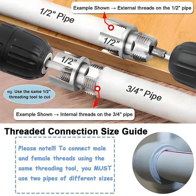Alt view image 5 of 7 - 3Pcs PVC Pipe Threader Kit, 1/2" 3/4" 1" Internal & External