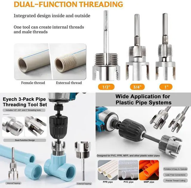 Alt view image 7 of 7 - 3Pcs PVC Pipe Threader Kit, 1/2" 3/4" 1" Internal & External