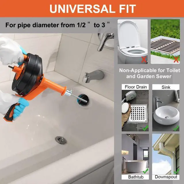 Alt view image 2 of 7 - Drain Auger, Clog Remover with Drill Adapter, 25 Feet Flexible Plumbing Snake Use Manually or Powered for Kitchen, Bathroom and Shower Sink, Comes with Gloves (orange)