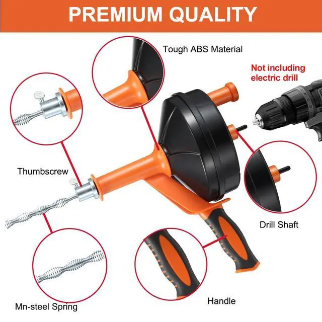 Alt view image 6 of 7 - Drain Auger, Clog Remover with Drill Adapter, 25 Feet Flexible Plumbing Snake Use Manually or Powered for Kitchen, Bathroom and Shower Sink, Comes with Gloves (orange)