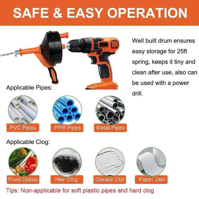 Alt view image 7 of 7 - Drain Auger, Clog Remover with Drill Adapter, 25 Feet Flexible Plumbing Snake Use Manually or Powered for Kitchen, Bathroom and Shower Sink, Comes with Gloves (orange)