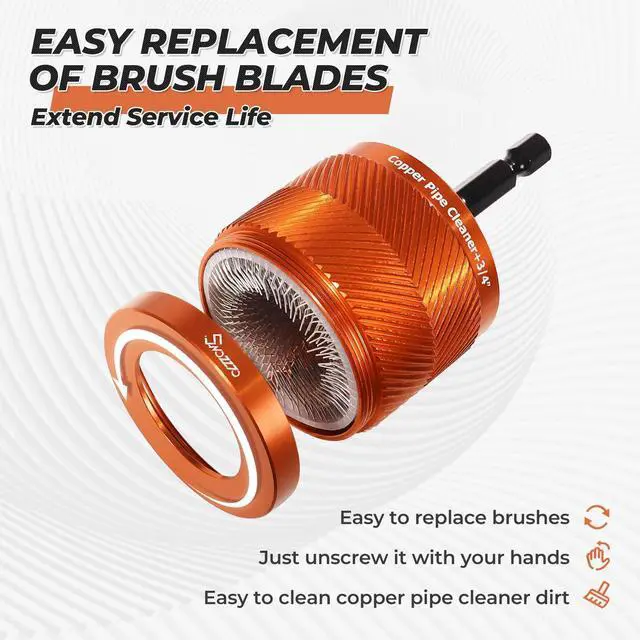 Alt view image 3 of 6 - 1/2" & 3/4" Metal Copper Pipe Cleaner Set,with 1/4 Hex Shank,Each Additional 2PCS Replaceable Blades are Provided,for Cleaning Rust, Stains, Paint on Copper Pipes and Various Metal Pipes