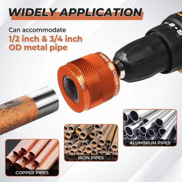 Alt view image 5 of 6 - 1/2" & 3/4" Metal Copper Pipe Cleaner Set,with 1/4 Hex Shank,Each Additional 2PCS Replaceable Blades are Provided,for Cleaning Rust, Stains, Paint on Copper Pipes and Various Metal Pipes