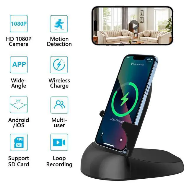 Alt view image 2 of 7 - Security Camera WiFi Wireless Phone Charger, Security Cam Motion Activated,HD1080P(Rotate Lens) with 250°Viewing Angle, camaras espias ocultas for Home Office Security(2.4/5G)