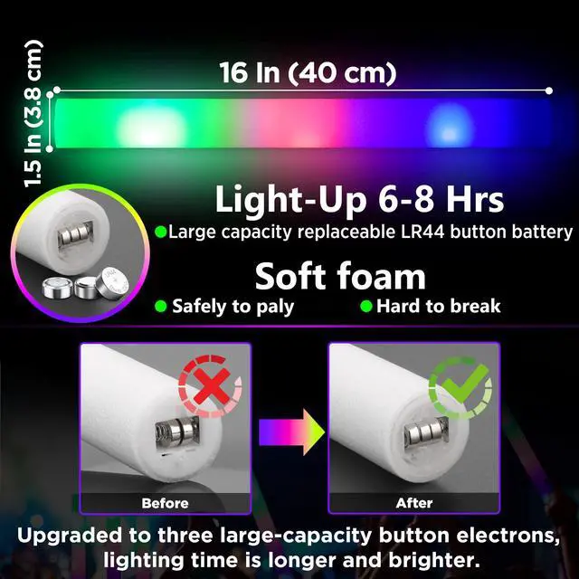 Alt view image 3 of 7 - 32 Pcs Foam Glow Sticks Bulk Party Pack, L16" Big Led Light Up Foam Sticks with 3 Flashing Effect, Glow in The Dark Party Supplies Favors for Wedding, Adults/Kids Birthday, Disco Dance Floor, DJ
