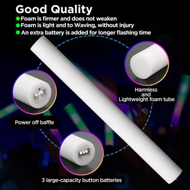 Alt view image 5 of 7 - 32 Pcs Foam Glow Sticks Bulk Party Pack, L16" Big Led Light Up Foam Sticks with 3 Flashing Effect, Glow in The Dark Party Supplies Favors for Wedding, Adults/Kids Birthday, Disco Dance Floor, DJ