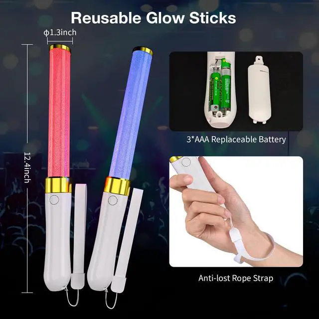 Alt view image 3 of 7 - LED Light Sticks 2 Pack, 15 Colors Reusable Glow Sticks, Glow Party Supplies for Wedding, Birthday, Raves, Halloween, Christmas, New Year, with AAA Battery