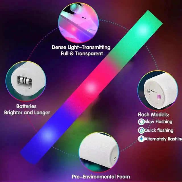 Alt view image 5 of 7 - 46PCS Foam Glow Sticks, Foam Light Up Sticks with 3 Modes Colorful Flashing, Glow Stick Bulk Party Pack, Glow in Dark Party Supplies, LED Foam Sticks Bulk for Wedding, Raves, Concert, Halloween