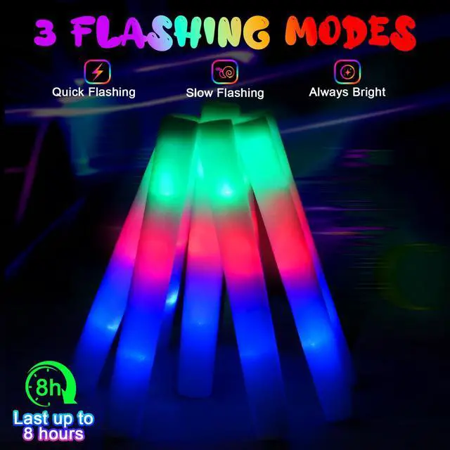 Alt view image 5 of 7 - 46 PCS Foam Glow Sticks with 3 Modes Colorful Flashing, Foam Light Up Sticks, LED Light Sticks, Glow Sticks Party Pack for Halloween, New Year, Wedding, Raves, Concert, Christmas