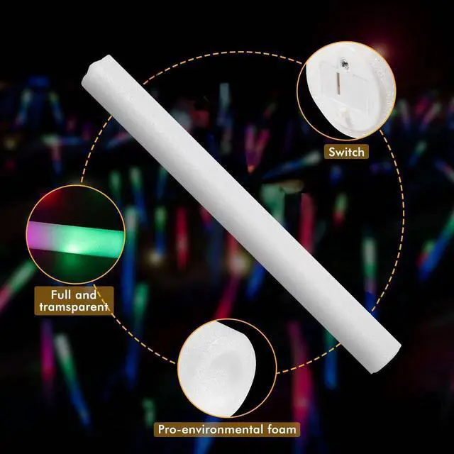 Alt view image 5 of 6 - 100PCS LED Foam Sticks, Foam Light Up Sticks with 3 Modes Colorful Flashing, Glow in Dark Party Supplies, Glow Stick Bulk Party Pack for Wedding, Raves, Concert, Camping, Sporting Events, Pool