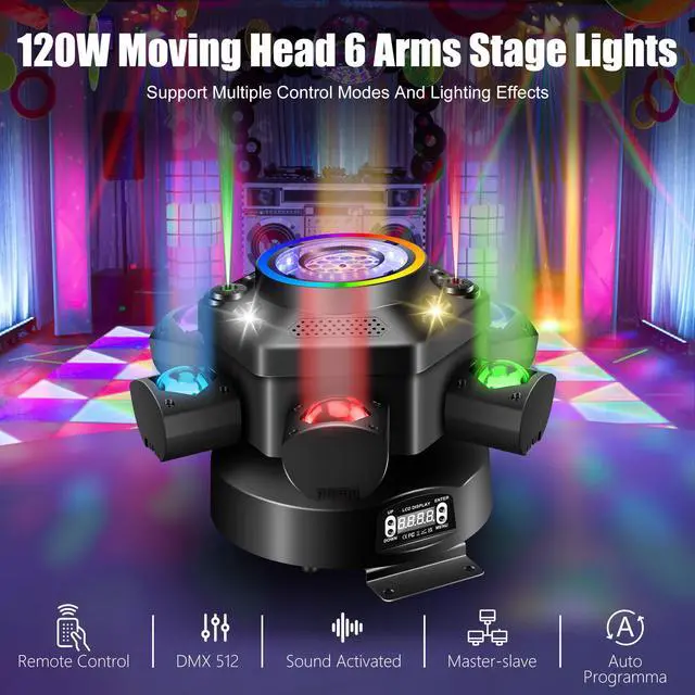 Alt view image 2 of 7 - Moving Head DJ Lights with Abyss Tunnel Beam Effect,540°X & 180°Y Multi-Head Rotating Beam,6-Arm Stage Lights with Ring Light Supports Starlight,Sound Activated for Disco Club Wedding Party