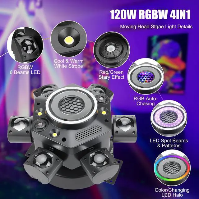 Alt view image 4 of 7 - Moving Head DJ Lights with Abyss Tunnel Beam Effect,540°X & 180°Y Multi-Head Rotating Beam,6-Arm Stage Lights with Ring Light Supports Starlight,Sound Activated for Disco Club Wedding Party