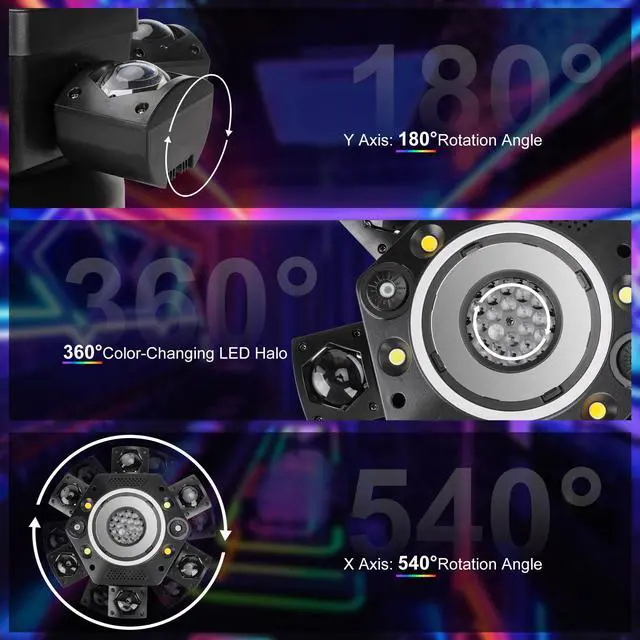 Alt view image 5 of 7 - Moving Head DJ Lights with Abyss Tunnel Beam Effect,540°X & 180°Y Multi-Head Rotating Beam,6-Arm Stage Lights with Ring Light Supports Starlight,Sound Activated for Disco Club Wedding Party