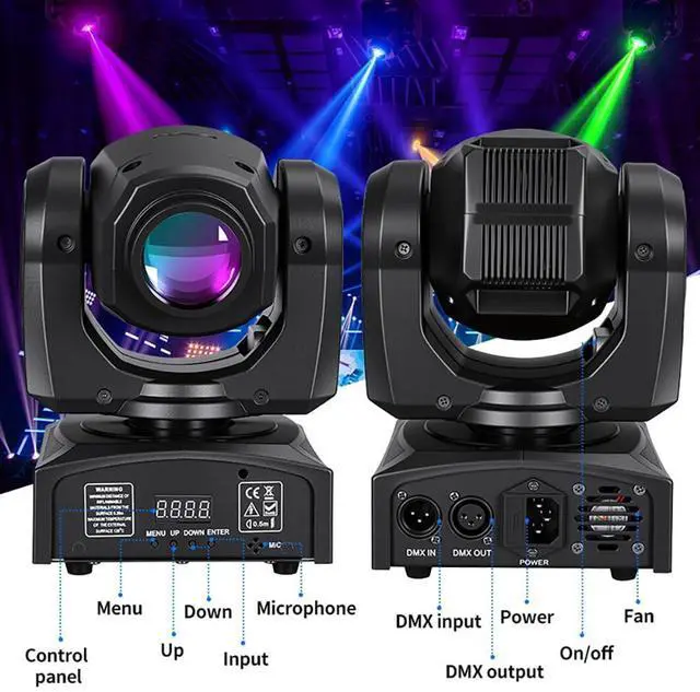 Alt view image 5 of 7 - 60W LED Moving Head Stage Lights with DMX512 Control - 8 Gobos & 8 Colors, Sound Activated, 540° Pan & 270° Tilt, Compact DJ Light for Wedding, Party Stage Lighting (2 Pack)
