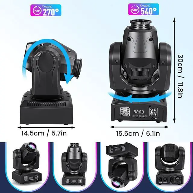 Alt view image 6 of 7 - 60W LED Moving Head Stage Lights with DMX512 Control - 8 Gobos & 8 Colors, Sound Activated, 540° Pan & 270° Tilt, Compact DJ Light for Wedding, Party Stage Lighting (2 Pack)