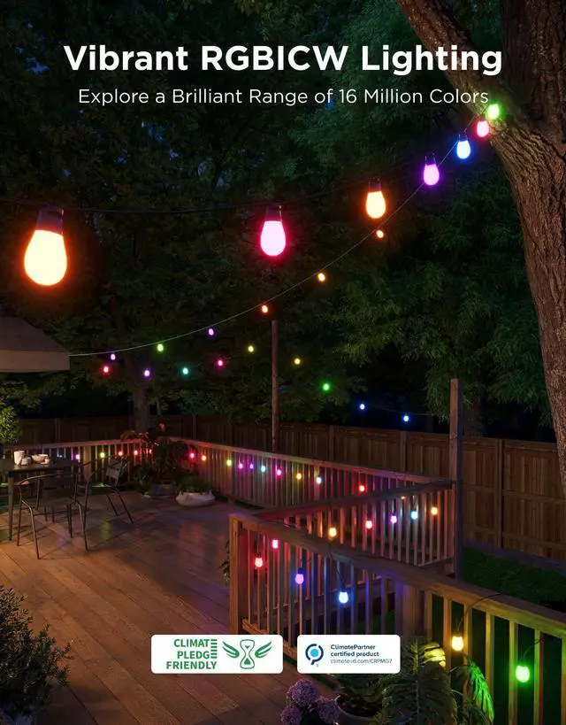 Alt view image 2 of 7 - Bulb Outdoor String Lights 2, 144ft Smart RGBIC Warm White Lights with 45 LED Bulbs(3 Ropes of 48ft), 111 Scene Modes for Patio Decor, IP66 Compatible with Alexa, Google, Matter, APP Control