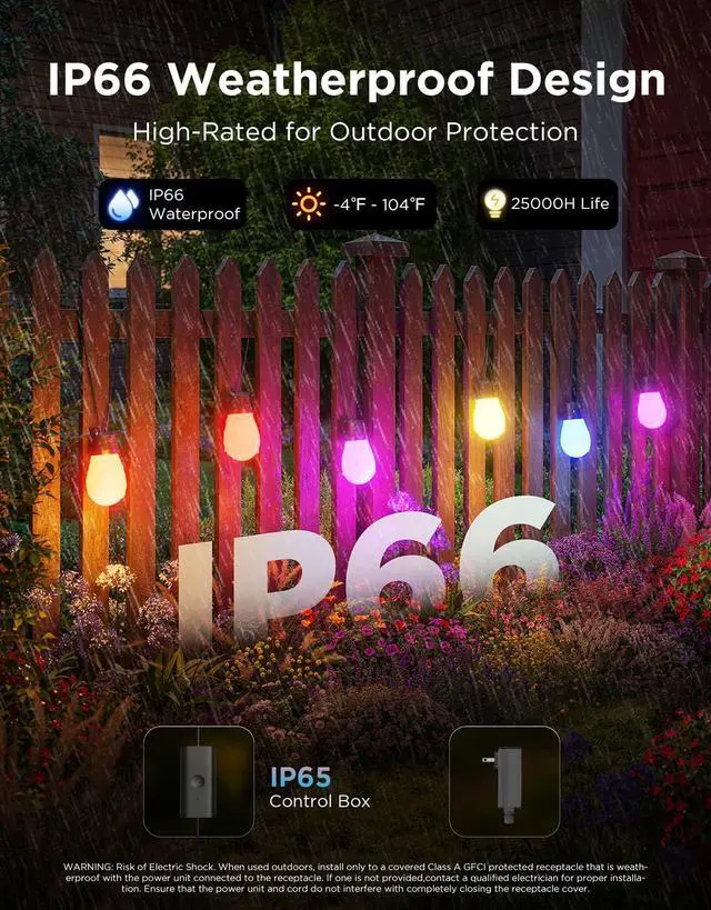 Alt view image 4 of 7 - Bulb Outdoor String Lights 2, 96ft Smart RGBIC Warm White Lights with 30 LED Bulbs(2 Ropes of 48ft), 111 Scene Modes for Patio Decor, IP66 Compatible with Alexa, Google, Matter, APP Control