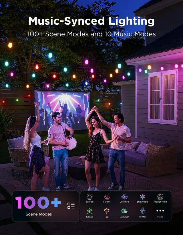 Alt view image 3 of 7 - Bulb Outdoor String Lights 2, 96ft Smart RGBIC Warm White Lights with 30 LED Bulbs(2 Ropes of 48ft), 111 Scene Modes for Patio Decor, IP66 Compatible with Alexa, Google, Matter, APP Control