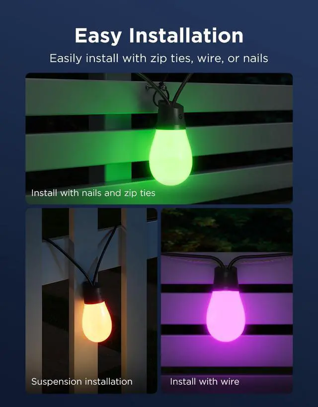 Alt view image 6 of 7 - Bulb Outdoor String Lights 2, 96ft Smart RGBIC Warm White Lights with 30 LED Bulbs(2 Ropes of 48ft), 111 Scene Modes for Patio Decor, IP66 Compatible with Alexa, Google, Matter, APP Control