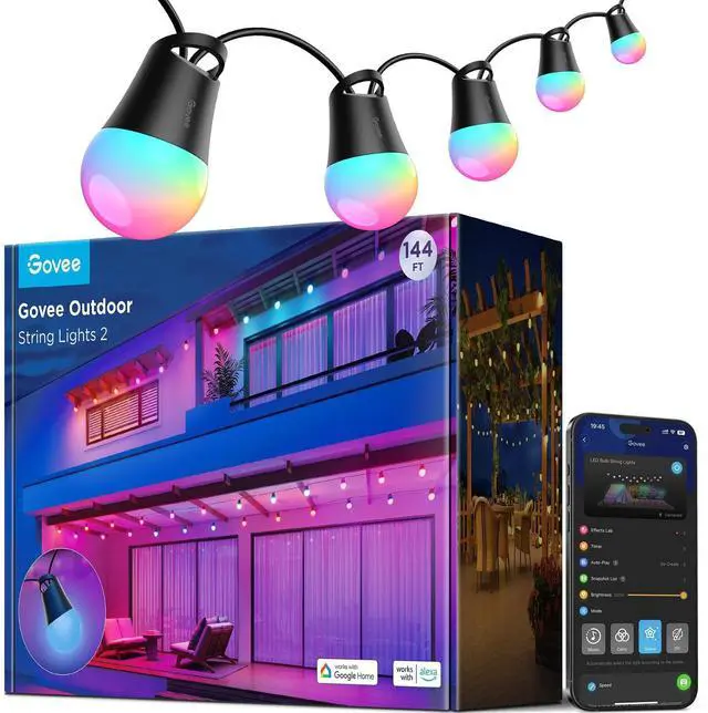 Main image of Smart Outdoor String Lights 2, 144ft Outdoor Lights with Dimmable Warm White LED Bulbs, 47 Scene Modes for Patio, Backyard, Balcony, IP65 Waterproof, Works with Alexa, App Control