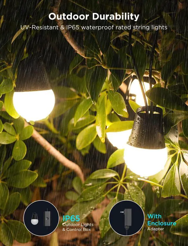 Alt view image 4 of 7 - Smart Outdoor String Lights 2, 144ft Outdoor Lights with Dimmable Warm White LED Bulbs, 47 Scene Modes for Patio, Backyard, Balcony, IP65 Waterproof, Works with Alexa, App Control