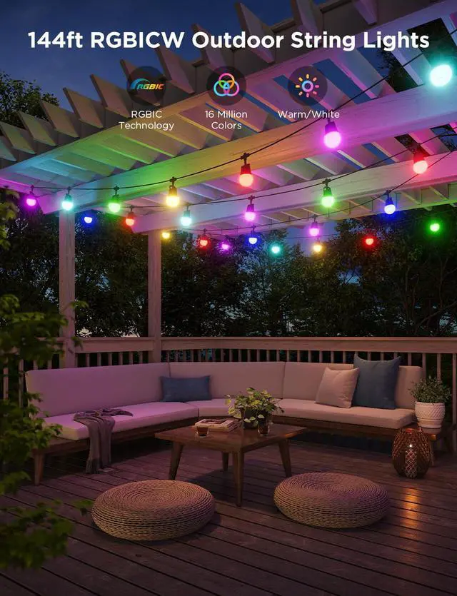 Alt view image 6 of 7 - Smart Outdoor String Lights 2, 144ft Outdoor Lights with Dimmable Warm White LED Bulbs, 47 Scene Modes for Patio, Backyard, Balcony, IP65 Waterproof, Works with Alexa, App Control