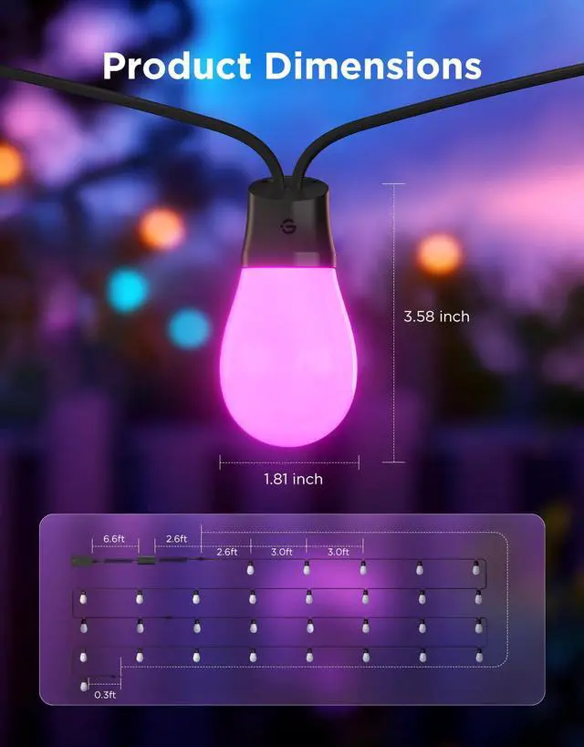 Alt view image 7 of 7 - Bulb Outdoor String Lights 2, 96ft Smart RGBIC Warm White Lights with 30 LED Bulbs(2 Ropes of 48ft), 111 Scene Modes for Patio Decor, IP66 Compatible with Alexa, Google, Matter, APP Control