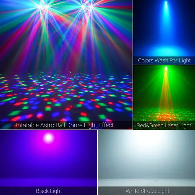 Alt view image 3 of 7 - DJ Lights with Stand, 5 in 1 Party Bar Light Set with Rotating Ball, Strobe, UV, Colorful LED Par Light and Pattern, Sound Activated DJ Lighting System for Disco Stage Gig Band Wedding