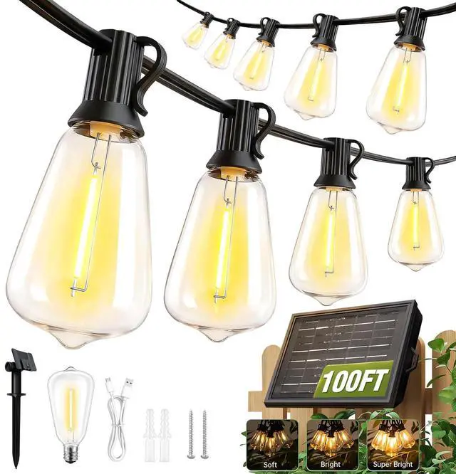 Main image of 100FT Solar String Lights Outdoor Waterproof with Remote & Timer, LED Shatterproof ST38 Bulbs, USB & Solar Powered Patio Lights for Backyard, Porch, Garden, Wedding Decor, Dusk to Dawn Lighting