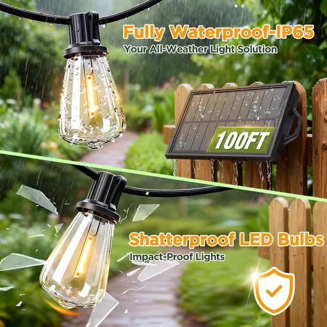 Alt view image 4 of 6 - 100FT Solar String Lights Outdoor Waterproof with Remote & Timer, LED Shatterproof ST38 Bulbs, USB & Solar Powered Patio Lights for Backyard, Porch, Garden, Wedding Decor, Dusk to Dawn Lighting