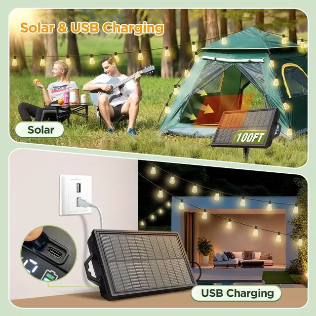 Alt view image 3 of 6 - 100FT Solar String Lights Outdoor Waterproof with Remote & Timer, LED Shatterproof ST38 Bulbs, USB & Solar Powered Patio Lights for Backyard, Porch, Garden, Wedding Decor, Dusk to Dawn Lighting