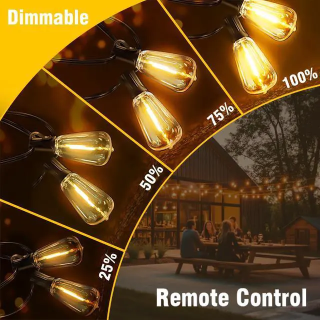 Alt view image 5 of 6 - 100FT Solar String Lights Outdoor Waterproof with Remote & Timer, LED Shatterproof ST38 Bulbs, USB & Solar Powered Patio Lights for Backyard, Porch, Garden, Wedding Decor, Dusk to Dawn Lighting