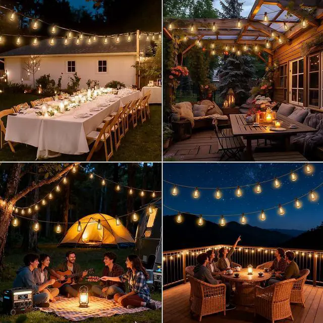 Alt view image 6 of 6 - 100FT Solar String Lights Outdoor Waterproof with Remote & Timer, LED Shatterproof ST38 Bulbs, USB & Solar Powered Patio Lights for Backyard, Porch, Garden, Wedding Decor, Dusk to Dawn Lighting