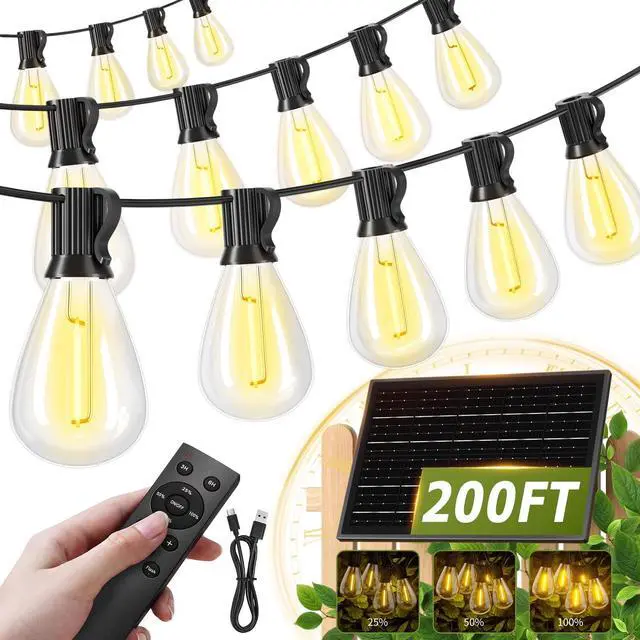 Main image of 200FT Solar String Lights Outdoor Waterproof 72+2 LED Bulbs, Solar Powered with Remote & USB Port, 3 Light Modes Dimmable Patio Lights for Large Backyard, Garden, Party