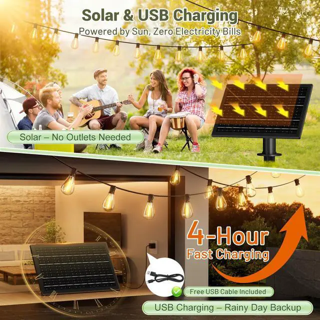 Alt view image 4 of 7 - 200FT Solar String Lights Outdoor Waterproof 72+2 LED Bulbs, Solar Powered with Remote & USB Port, 3 Light Modes Dimmable Patio Lights for Large Backyard, Garden, Party