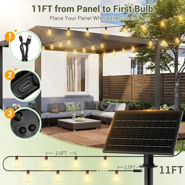 Alt view image 7 of 7 - 200FT Solar String Lights Outdoor Waterproof 72+2 LED Bulbs, Solar Powered with Remote & USB Port, 3 Light Modes Dimmable Patio Lights for Large Backyard, Garden, Party