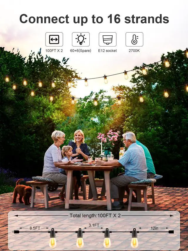 Alt view image 3 of 7 - Outdoor String Lights 200 FT, Patio Lights for Outside with Shatterproof LED Bulbs, Waterproof IP65 Commercial Hanging Light for Backyard Porch Balcony Bistro Party (2X100FT)