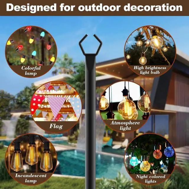 Alt view image 3 of 7 - 10Ft String Light Poles 4 Pack,Light Poles for Outside Lights,Outdoor with Fence Brackets Hanging Lights,Metal Stand Deck Patio Backyard
