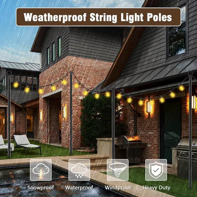 Alt view image 5 of 7 - 10Ft String Light Poles 4 Pack,Light Poles for Outside Lights,Outdoor with Fence Brackets Hanging Lights,Metal Stand Deck Patio Backyard