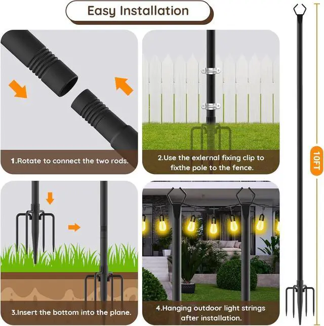 Alt view image 7 of 7 - 10Ft String Light Poles 4 Pack,Light Poles for Outside Lights,Outdoor with Fence Brackets Hanging Lights,Metal Stand Deck Patio Backyard