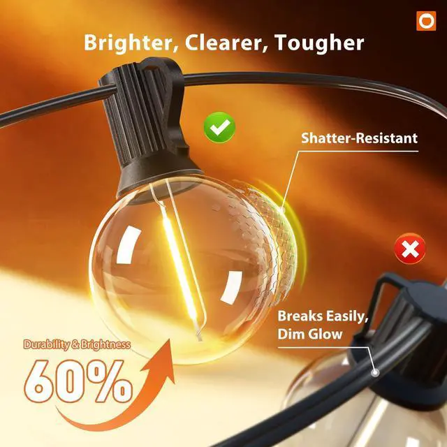 Alt view image 4 of 7 - 100FT Outdoor String Lights G40 with Remote, 54 LED Shatterproof Bulbs, Dimmable Patio Globe Lights Waterproof, Hanging Outside Lighting for Backyard, Garden, Deck, Balcony, Porch, Café, Decor