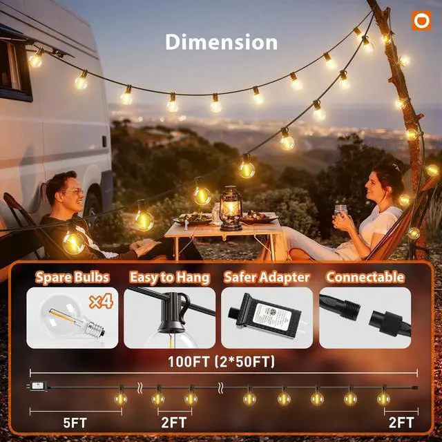 Alt view image 5 of 7 - 100FT Outdoor String Lights G40 with Remote, 54 LED Shatterproof Bulbs, Dimmable Patio Globe Lights Waterproof, Hanging Outside Lighting for Backyard, Garden, Deck, Balcony, Porch, Café, Decor