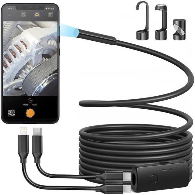 Main image of Endoscope Camera with Light, 1920P HD Borescope with 8 Adjustable LED Lights, Semi-Rigid Snake Camera with Light, IP67 Waterproof Inspection Cam for iPhone & Android, 9.8 ft Single Lens