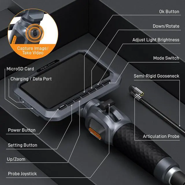 Alt view image 7 of 7 - Two-Way Articulating Borescope, 5.5mm Slim Probe, 5.0'' Industrial Endoscope with Light, 5FT Flexible Snake Scope for Automotive, HVAC & Mechanics