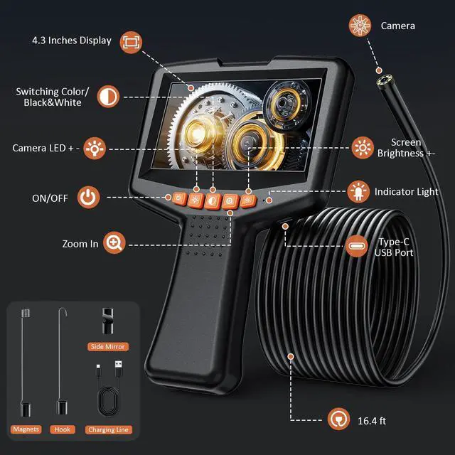 Alt view image 6 of 7 - Endoscope Camera with Light: 4.3" 1080P HD Inspection Borescope Camera for Sewer - 16.4ft Waterproof Industrial Endoscope - Flexible Snake Bore Scope for Plumbing Automotive