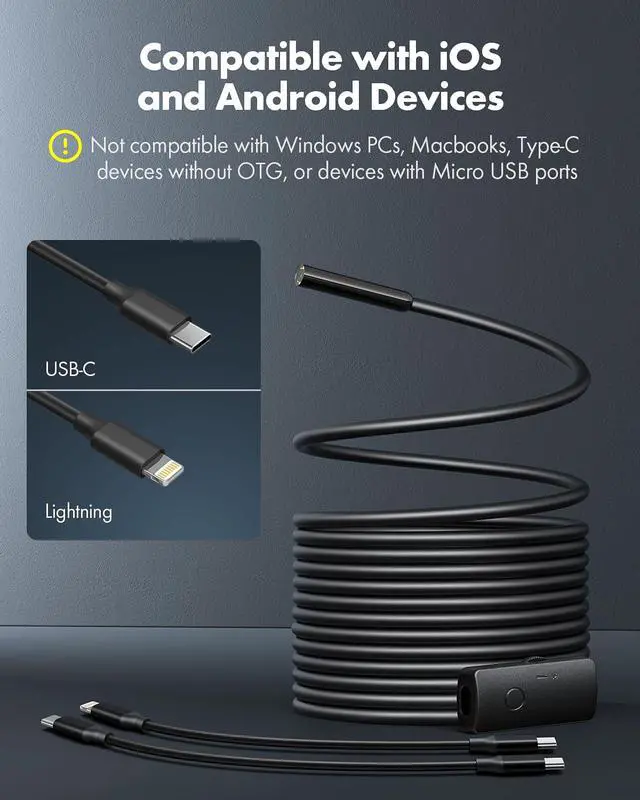 Alt view image 2 of 7 - Endoscope Camera with Light, 1920P HD Borescope with 8 Adjustable LED Lights, Semi-Rigid Snake Camera with Light, IP67 Waterproof Inspection Cam for iPhone & Android, 16.5 ft Single Lens