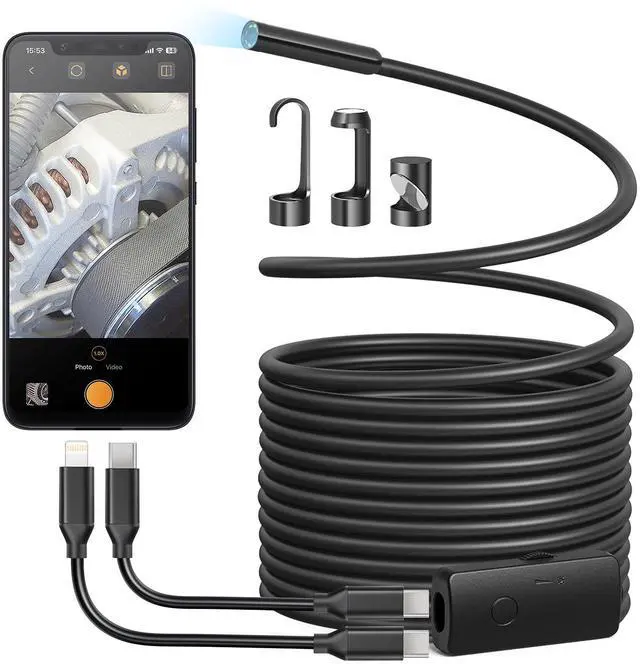 Main image of Endoscope Camera with Light, 1920P HD Borescope with 8 Adjustable LED Lights, Semi-Rigid Snake Camera with Light, IP67 Waterproof Inspection Cam for iPhone & Android, 16.5 ft Single Lens