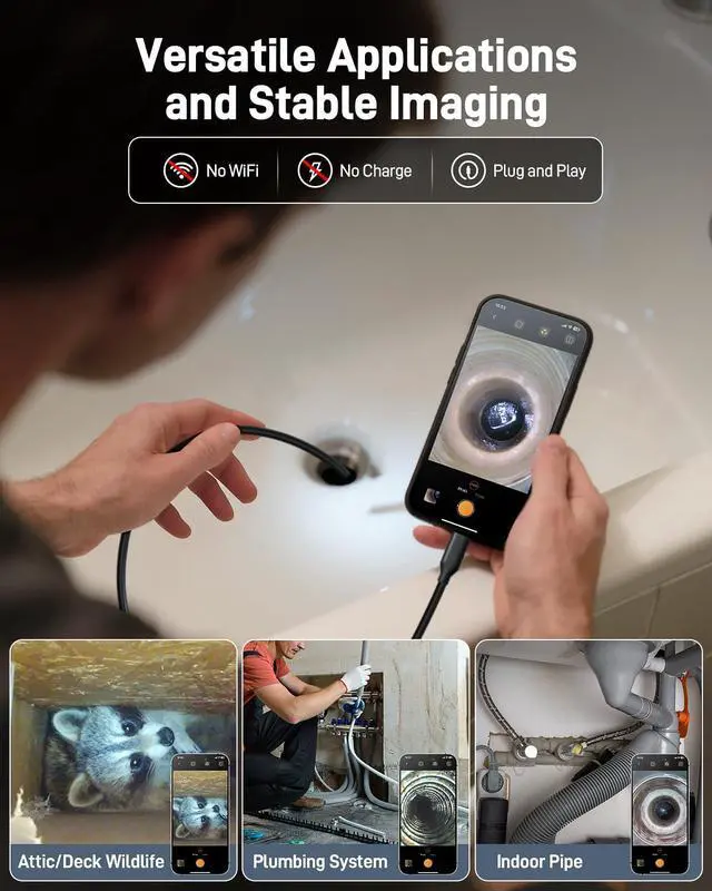 Alt view image 5 of 7 - Endoscope Camera with Light, 1920P HD Borescope with 8 Adjustable LED Lights, Semi-Rigid Snake Camera with Light, IP67 Waterproof Inspection Cam for iPhone & Android, 16.5 ft Single Lens